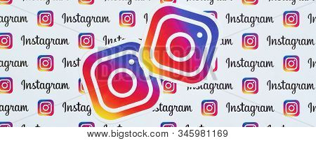 Instagram Pattern Printed On Paper With Small Instagram Logos And Inscriptions. Instagram Is America