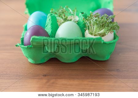 Decorative Handmade Easter Egg Present Box With Eggs And Cress. Beautiful Decoration Easternest Bask