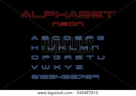 Alphabet Neon Font, Isolated On Black Background. Alphabet Neon Font Red And Blue Color. Modern Desi