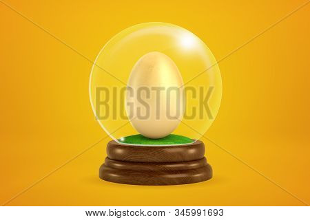 3d Rendering Of Chicken Egg Inside Snowglobe On Amber Background.