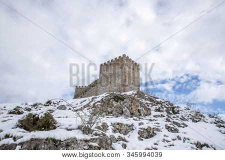 Medieval San Vicente Castle In A Winter Landscape With Snow