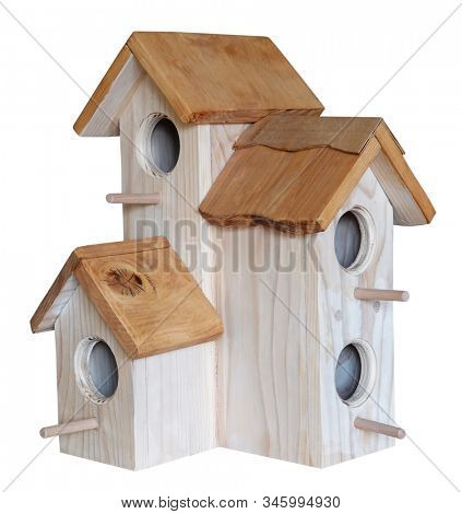 Nest box birdhouse house for birds handmade craft isolated on white 