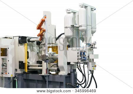 Close Up Ladle & Mechanical Arm Of Automatic High Pressure Aluminum Die Cast Machine & Air Tank Hydr