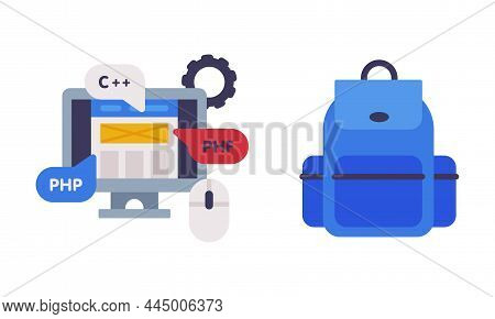 Computer Screen With Code And Blue Backpack As School Education Object Vector Set
