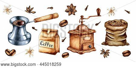 Set Of Watercolor Painting Craft Package With Coffee Bobs, Coffee Grinder, Turka, Bag And Spices Cin