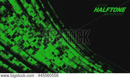 Abstract Vector Torn Green Halftone Corner Wave. Scrathed Dotted Texture Element.