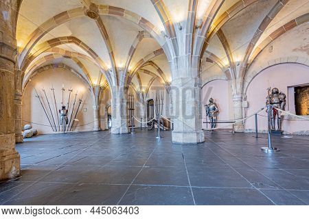 Vianden, Luxembourg. September 25, 2021. Great Hall With Pillars And Ceiling With Arched Decoration 
