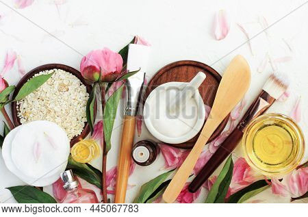 Making Skin Care Beauty Treatment Plant Based Products, Top View Homemade Cosmetic Ingredients Pink 