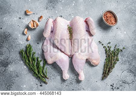 Raw Spatchcock Chicken Meat With Garlic And Thyme. Gray Background. Top View