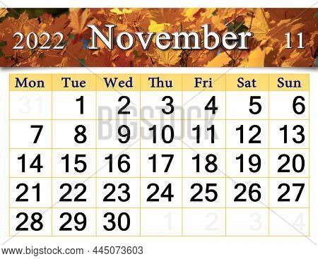 Calendar For November 2022 With Autumn Park With Fallen Leaves In Autumn Park. Autumn Calendar Novem