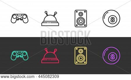 Set Line Gamepad, Needle Bed And Needles, Stereo Speaker And Billiard Pool Snooker Ball On Black And