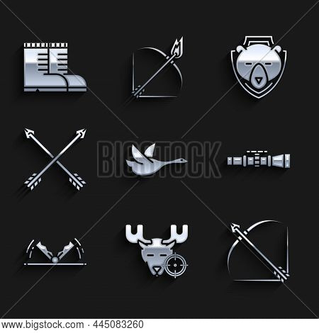 Set Flying Duck, Hunt On Moose With Crosshairs, Bow And Arrow Quiver, Sniper Optical Sight, Trap Hun