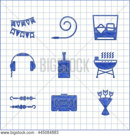 Set Whiskey Bottle, Retro Audio Cassette Tape, Bouquet Of Flowers, Barbecue Grill, Grilled Shish Keb