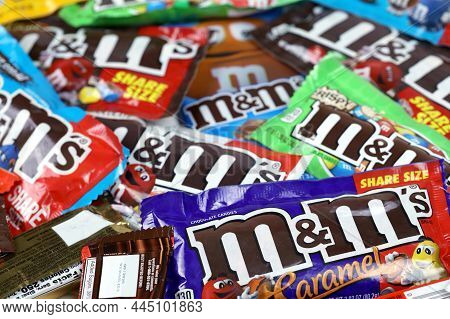 Kharkov, Ukraine - March 15, 2021: M M's Chocolate Candies Packs With Various Tastes And Design. M M
