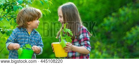 Banner With Spring Child Face. Cute Little Children Enjoying On Farm. Ecology Concept Child. Gardeni