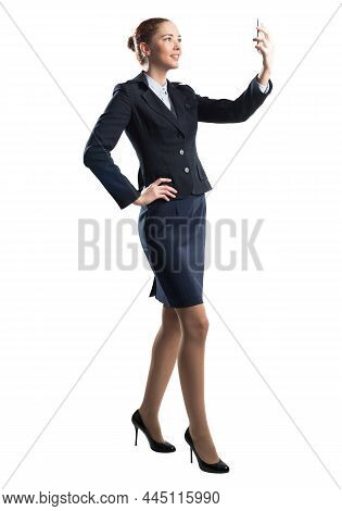 Young Beautiful Woman Taking Selfie Photo With Smartphone. Confident And Stylish Businesswoman In Da