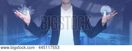 Businessman Hand Holding Global Network Connection Of Metaverse Digital Cyber World, Innovation, The