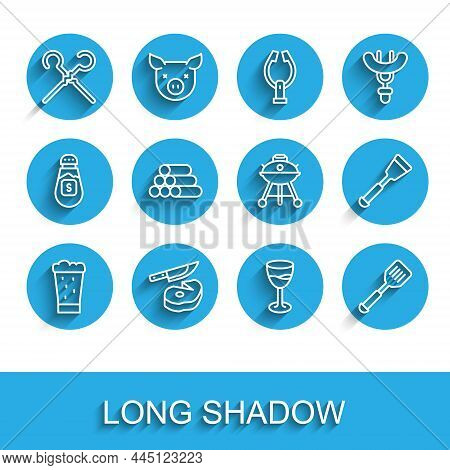 Set Line Glass Of Beer, Steak Meat And Knife, Bbq Skewers, Wine Glass, Spatula, Wooden Logs, And Bar