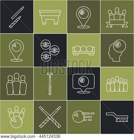 Set Line Pool Table Brush, Bowling Pin, Billiard Ball, Location With Billiard, Bowling, Cue And Ball