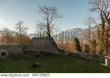 Schellenberg, Liechtenstein, December 31, 2021 Historic Old Castle Ruin From The Mid Age