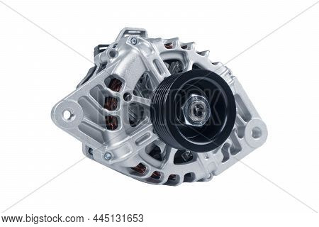 Power Generator Isolated On White Background. New Car Generator With The Shaft Isolated. Automotive