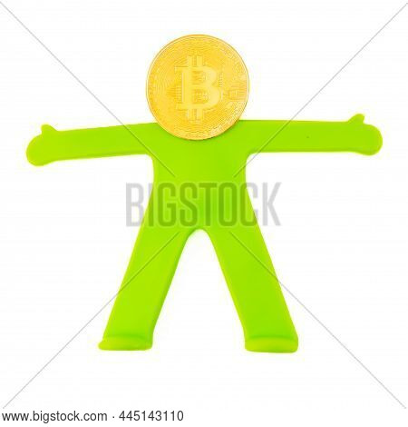 Bitcoin Headman Bitcoin Head. Bright Green Plastic Toy Man With A Gold Coin Bitcoin Instead Of A Hea