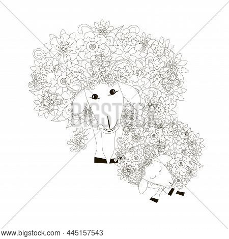 Two Flowers Doodle Sheep. Cute Cartoon Farm Animal For Coloring Book Stock Vector Illustration For W
