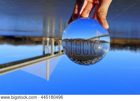 The William V Roth Bridge Captured Through A Crystal Lens Ball Near Middletown, Delaware, U.s.a