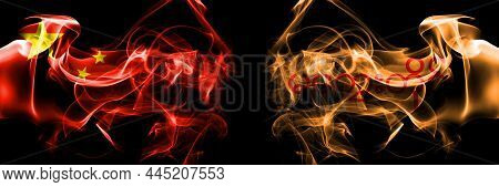 Flags Of China, Chinese Vs Myanmar, Magway Division. Smoke Flag Placed Side By Side On Black Backgro