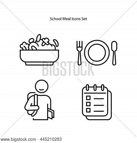 School Meal Concept Outline Icons Set On White Background. Menu Poster. Healthy Eating Program. Line
