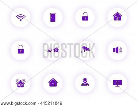 Smart Home Purple Color Vector Icons On Light Round Buttons With Purple Shadow. Smart Home Icon Set 