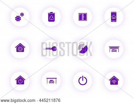 Smart Home Purple Color Vector Icons On Light Round Buttons With Purple Shadow. Smart Home Icon Set 