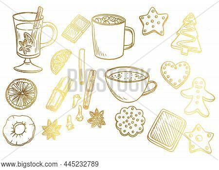 Golden Drawing Christmas Set Of Drinks, Species And Cookies, , New Year Decor, Hand Drawn Illustrati