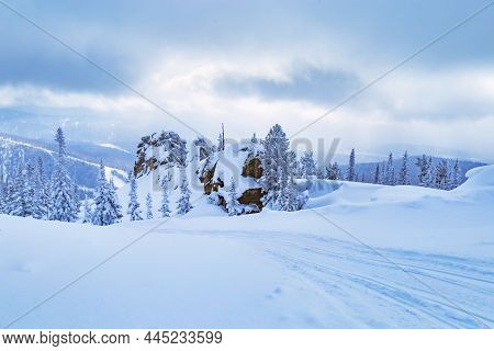 Sheregesh Ski Resort In Russia, Located In Mountain Shoriya, Siberia. Winter Landscape, Trees In Sno