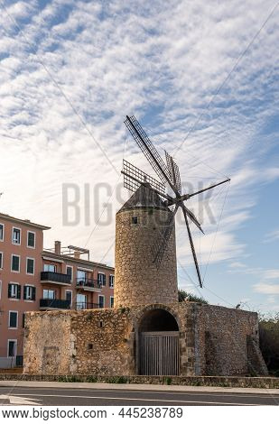 Old Windmill Made Of Stone, In The Majorcan Town Of Llucmajor, Spain