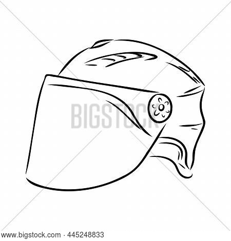 Safety Bike Helmet Hand Drawn Black And White Vector Illustration. Retro Headwear, Casque Sketch. Cy