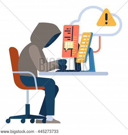 Hacker In Hood Working On Computer. Ilegal Digital Activity
