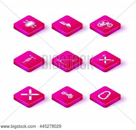 Set Ski And Sticks, All Terrain Vehicle Or Atv Motorcycle, Bicycle, Skateboard, Carabiner, Trick And