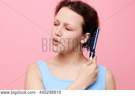 Teenager Girl Removes Hair On A Comb Dissatisfaction Isolated Background Unaltered