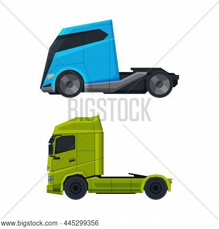 Tractor Unit As Heavy-duty Towing Engine For Hauling Semi-trailer Side View Vector Set