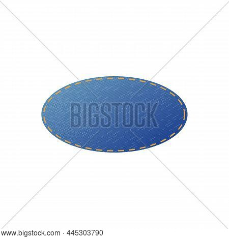 Oval Denim Fabric Patch With Stitches Realistic Vector Illustration Isolated.