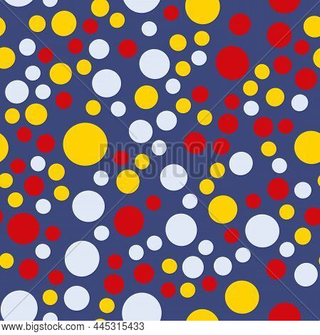Vector Illustration Seamless Pattern In Retro Style Red, Yellow And Light Blue Circles Of Three Size