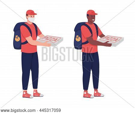 Courier With Pizza Semi Flat Color Vector Character Set. Posing Figure. Full Body People On White. F