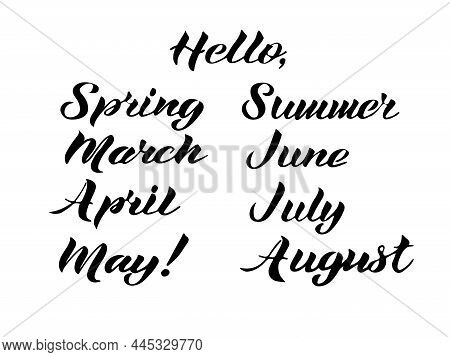 Vector Illustration. Set Of Spring, Sammer, March, April, May, June, July, August Lettering.