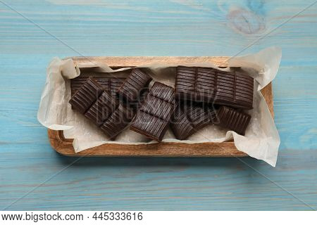 Tray With Delicious Hematogen On Blue Wooden Table, Top View