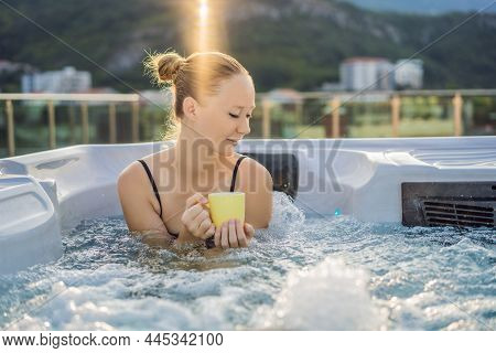 Portrait Of Young Carefree Happy Smiling Woman Relaxing At Hot Tub During Enjoying Happy Traveling M