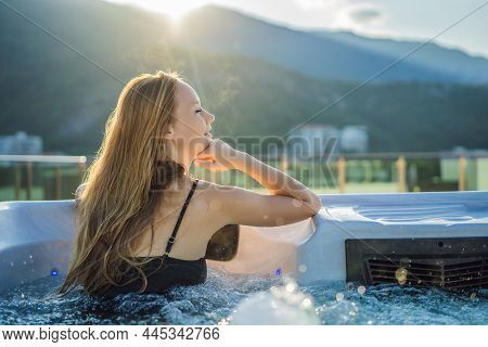 Portrait Of Young Carefree Happy Smiling Woman Relaxing At Hot Tub During Enjoying Happy Traveling M