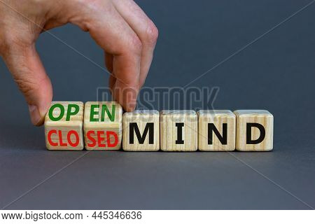 Open Or Closed Mind Symbol. Businessman Turns Cubes And Changes Concept Words Closrd Mind To Open Mi