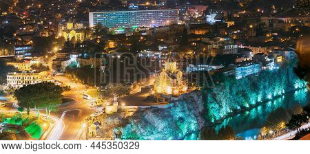 Tbilisi, Georgia - October 21, 2016: Night Evening Illuminated View Of Metekhi Church And Equestrian