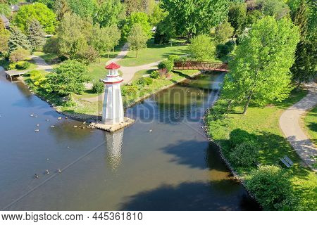 An Aerial View Of Simcoe Lighthouse In Simcoe, Ontario, Canada